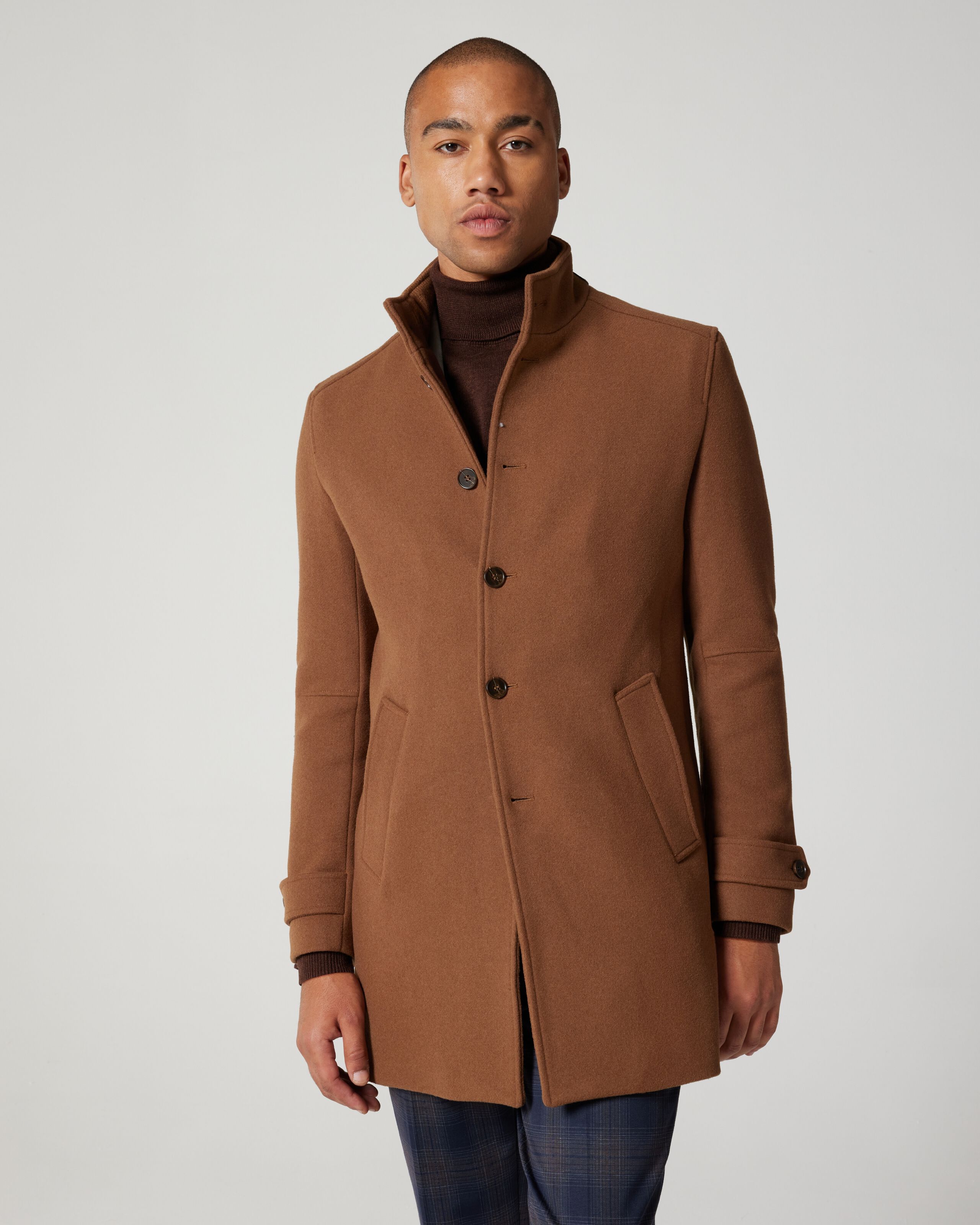 Wool Blend Funnel Neck Coat Dark Tan Coats Jackets Politix